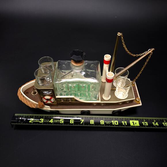 Vintage Music Box Tugboat Decanter w/ 4 Shot Glasses Maritime Home Decor - Picture 10 of 11